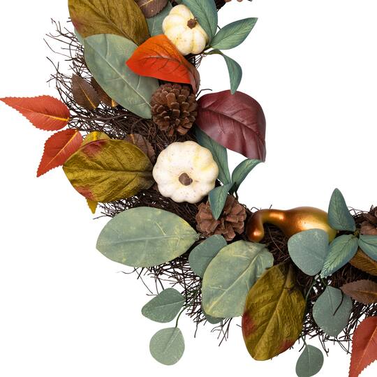 24" Pumpkin, Pinecone & Gourd Grapevine Thanksgiving Wreath
